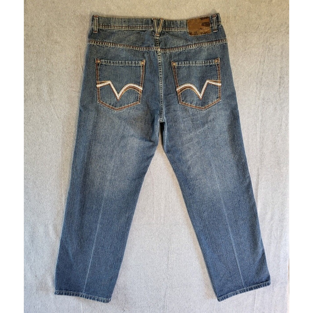 5ive Jungle & Co Jeans Mens 42x31 Blue Straight Embroidered Pockets Cotton Denim